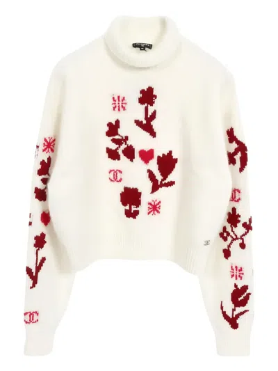 Pre-owned Chanel 1986-1988 Interlocking Cc Floral Sweater In White