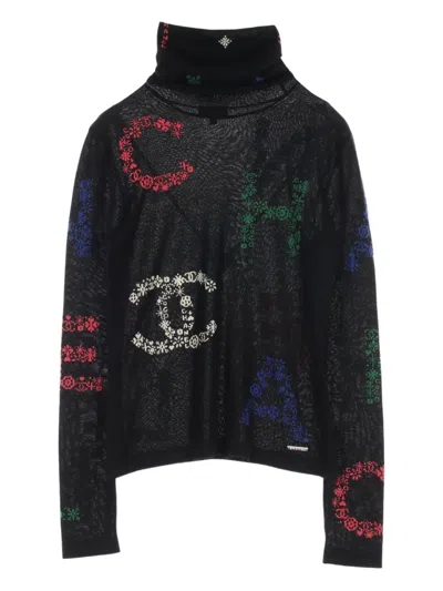 Pre-owned Chanel 1986-1988 Logo-embroidered Top In Black