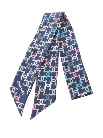 Pre-owned Chanel 1986-1988 Logo-pattern Scarf In Blue