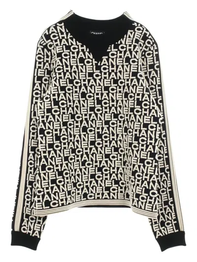 Pre-owned Chanel 1986-1988 Logo-pattern Sweater In Black