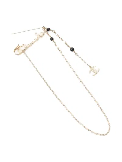 Pre-owned Chanel 1986-1988 Logo Pearl Chain Brooch In Gold