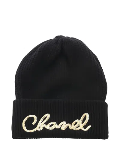 Pre-owned Chanel 1986-1988 Logo Sequin Beanie Hat In Black