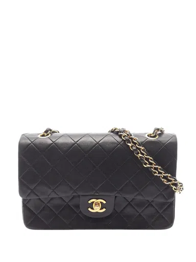 Pre-owned Chanel 1986-1988 Medium Classic Lambskin Double Flap Shoulder Bag In Black