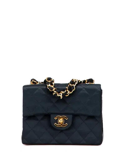 Pre-owned Chanel 1986-1988 Mini Square Quilted Satin Single Flap Handbag In Black