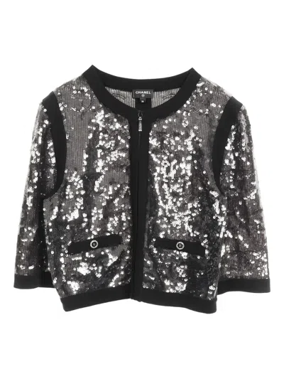 Pre-owned Chanel 1986-1988 Sequin Collarless Jacket In Black
