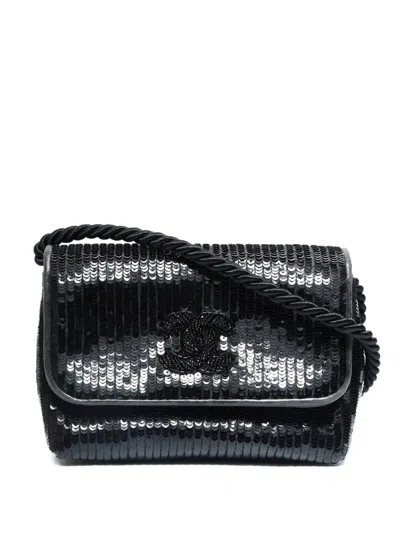 Pre-owned Chanel 1986-1988 Sequin Logo Mini Shoulder Bag In Black