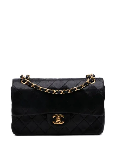 Pre-owned Chanel 1986-1988 Small Classic Lambskin Double Flap Shoulder Bag In Black
