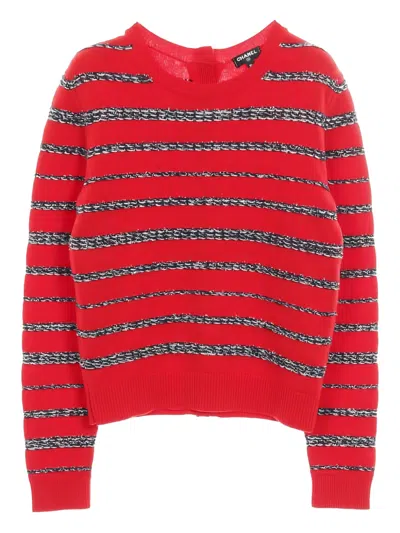 Pre-owned Chanel 1986-1988 Striped Buttoned Cardigan In Red