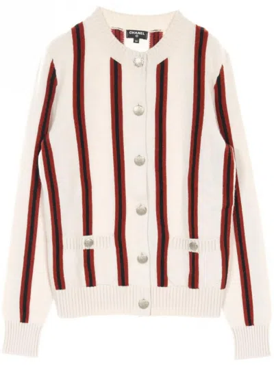 Pre-owned Chanel 1986-1988 Striped Cashmere Cardigan In Neutrals