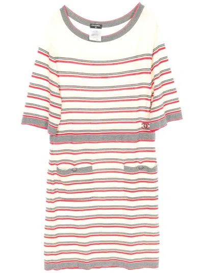 Pre-owned Chanel 1986-1988 Striped Mini Dress In White