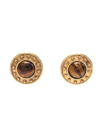 Pre-owned Chanel 1986-1988 Tiger Eye Clip-on Earrings In Gold