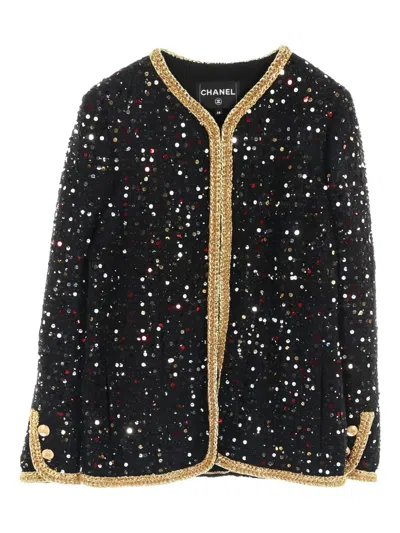 Pre-owned Chanel 1986-1988 Tweed Sequin No-collar Jacket In Black