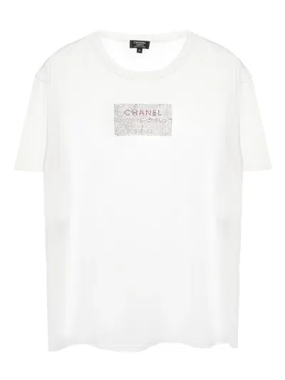 Pre-owned Chanel 1986-19888 Rhinestone-embellished Crew-neck T-shirt In White