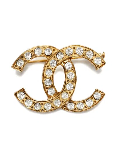 Pre-owned Chanel 1986-1994 Cc-interlocking Rhinestone-embellished Brooch In Yellow