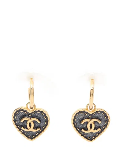 Pre-owned Chanel 1986 Coco Mark Heart Denim Earrings In Gold