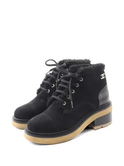 Pre-owned Chanel 1986 Coco Mark Lace-up Boots In Black
