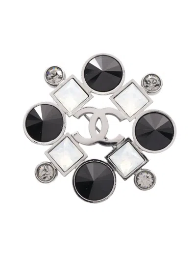 Pre-owned Chanel 1986 Rhinestone Geometric Brooch In Silver