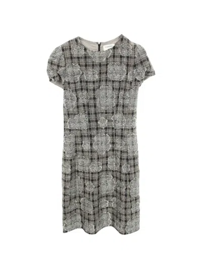 Pre-owned Chanel 1986-1988 Camellia Check Tweed Mini Dress In Blue
