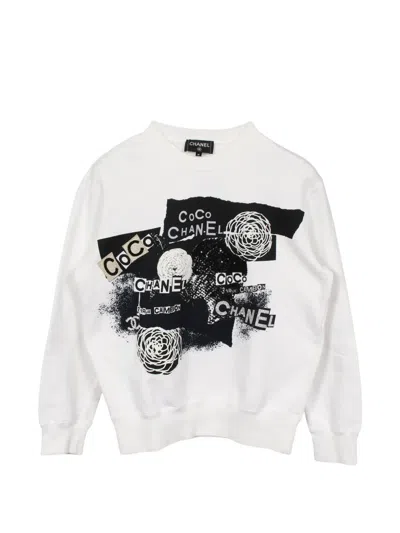 Pre-owned Chanel 1986-1988 Camellia Coco Mark Sweater In White