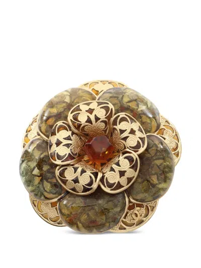 Pre-owned Chanel 1986-1988 Camellia Gripoix Brooch In Gold