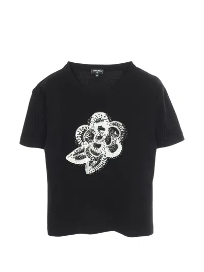 Pre-owned Chanel 1986-1988 Camellia Rhinestone T-shirt In Black