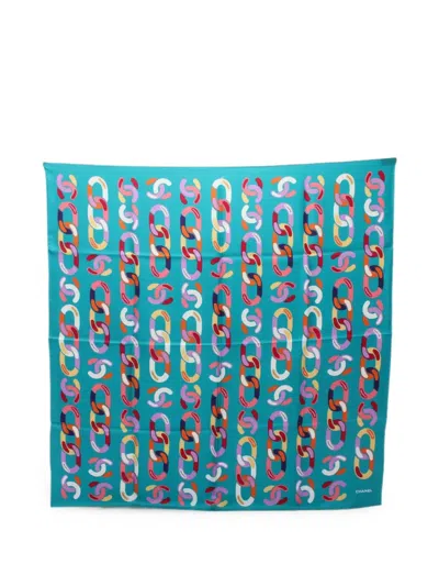 Pre-owned Chanel 1986-1988 Cc Chain-pattern Scarf In Blue