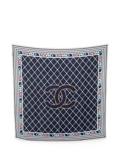 Pre-owned Chanel 1986-1988 Cc Diamond-quilt Printed Scarf In Blue