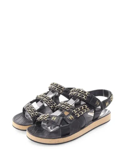 Pre-owned Chanel 1986-1988 Cc Mark Chain Sandals In Black
