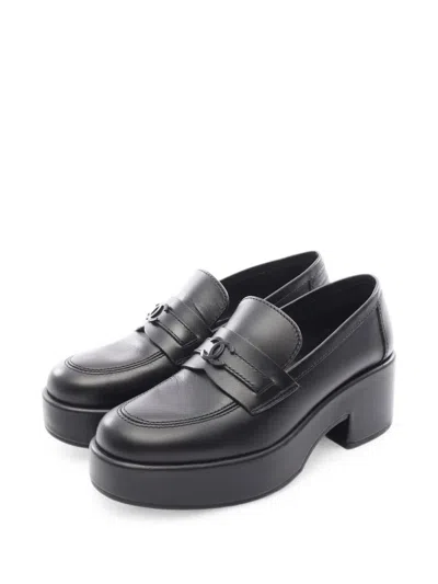 Pre-owned Chanel 1986-1988 Cc Mark Platform Loafers In Black
