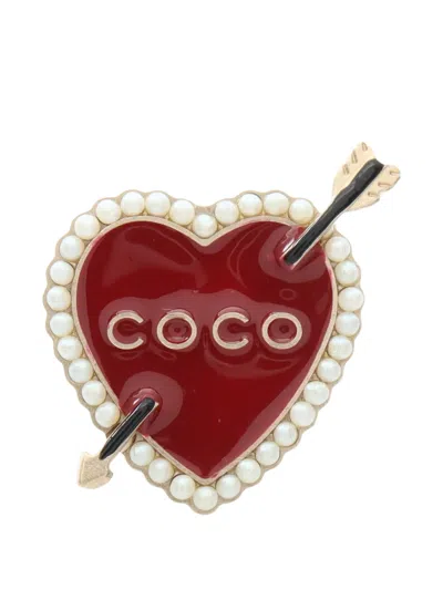Pre-owned Chanel 1986-1988 Coco Heart Pin Brooch In Gold