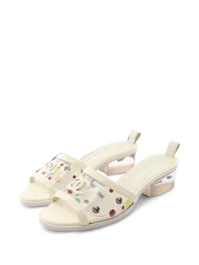 Pre-owned Chanel 1986-1988 Coco Mark Block-heel Sandals In White