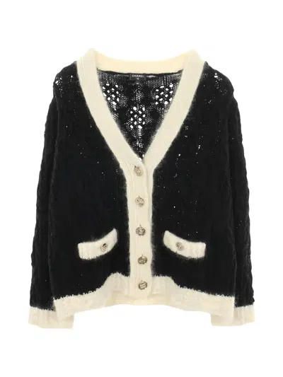 Pre-owned Chanel 1986-1988 Coco Mark Button Cable Knit Cardigan In Black