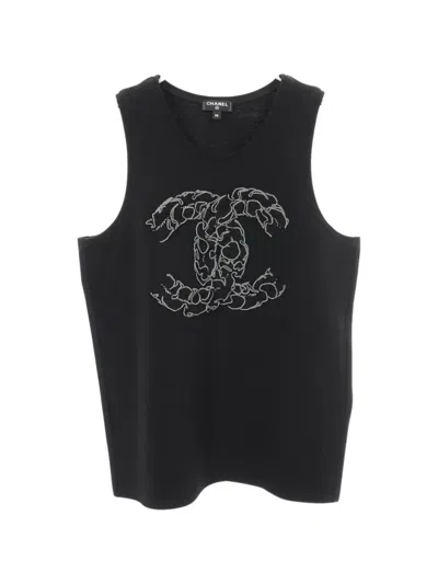 Pre-owned Chanel 1986-1988 Coco Mark Camellia Ruffled Tank Top In Black