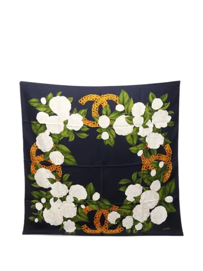Pre-owned Chanel 1986-1988 Coco Mark Camellia-print Scarf In Blue