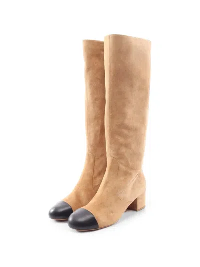 Pre-owned Chanel 1986-1988 Coco Mark Cap-toe Knee-high Boots In Neutrals