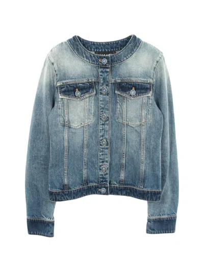 Pre-owned Chanel 1986-1988 Coco Mark Collarless Denim Jacket In Blue