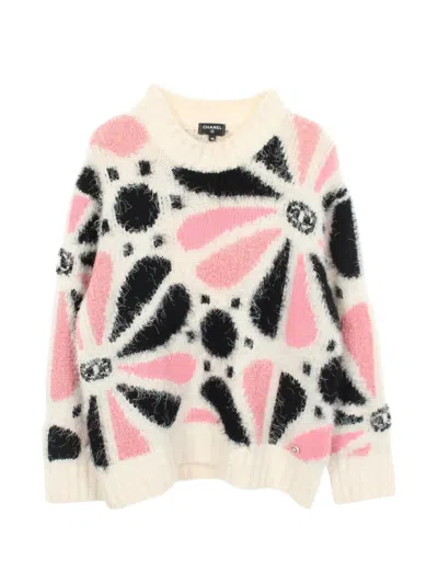 Pre-owned Chanel 1986-1988 Coco Mark Floral-pattern Sweater In White