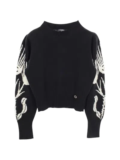 Pre-owned Chanel 1986-1988 Coco Mark Flower Sweater In Black