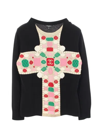 Pre-owned Chanel 1986-1988 Coco Mark Intarsia Sweater In Black