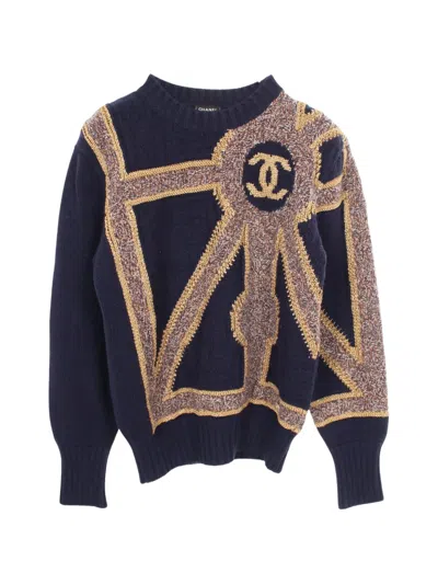 Pre-owned Chanel 1986-1988 Coco Mark Knit Sweater In Blue