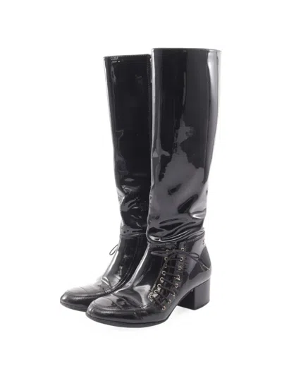 Pre-owned Chanel 1986-1988 Coco Mark Lace-up Boots In Black