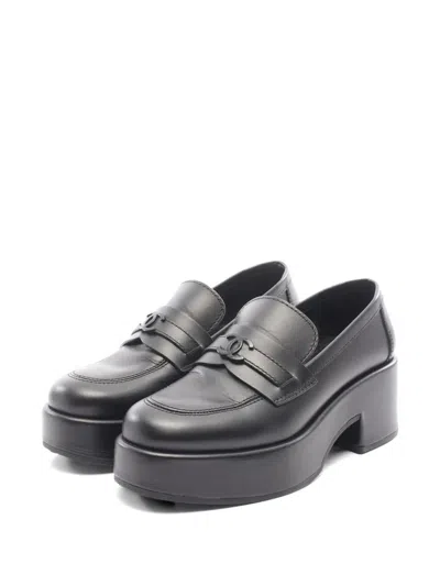 Pre-owned Chanel 1986-1988 Coco Mark Leather Loafers In Black