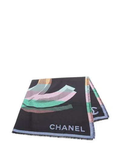 Pre-owned Chanel 1986-1988 Coco Mark Logo-print Scarf In Black