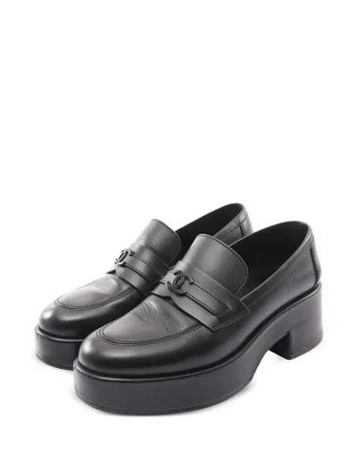 Pre-owned Chanel 1986-1988 Coco Mark Platform Loafers In Black