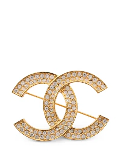 Pre-owned Chanel 1986-1988 Coco Mark Rhinestone Brooch In Gold