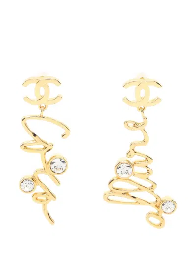 Pre-owned Chanel 1986-1988 Coco Mark Rhinestone Earrings In Gold