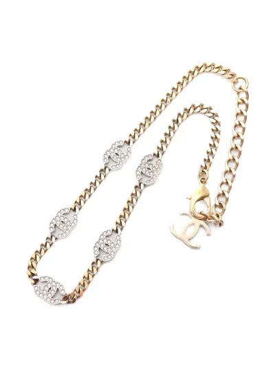 Pre-owned Chanel 1986~1988 Coco-mark Rhinestone Necklace In Gold