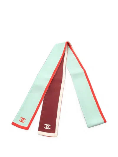 Pre-owned Chanel 1986-1988 Coco Mark Ribbon Scarf In Green