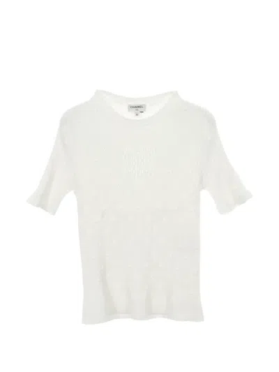 Pre-owned Chanel 1986-1988 Coco Mark Rib-knit Blouse In White