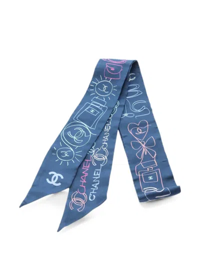 Pre-owned Chanel 1986-1988 Coco Mark Silk Scarf In Blue